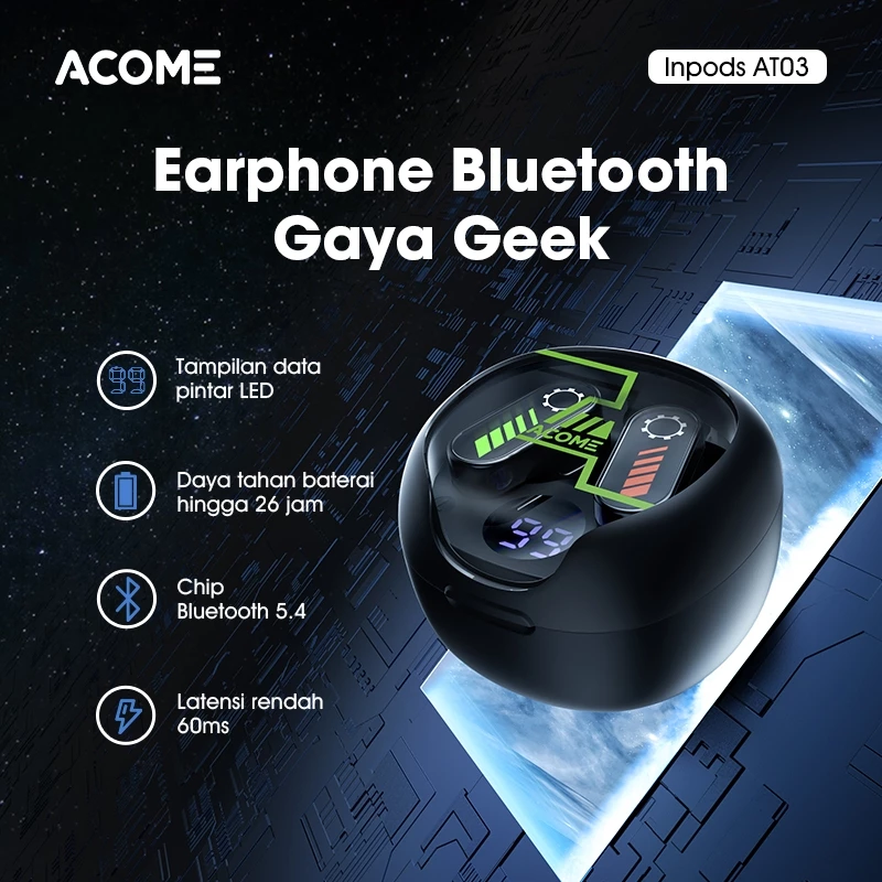 ACOME TWS Bluetooth 5.4 AT03 Gaya Geek Headset Earphone Tampilan Layar Pintar LED Latensi Rendah 60ms Original