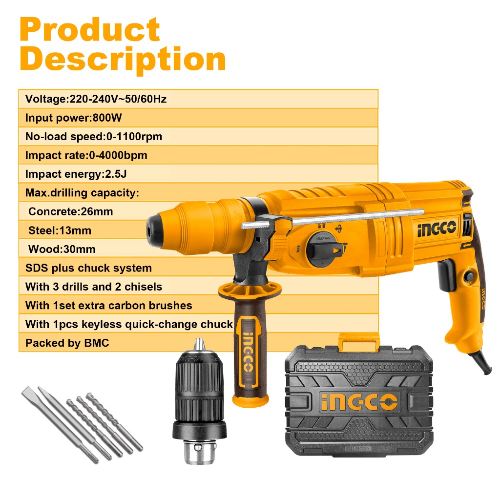 Jual INGCO 800W Bor Rotary 26mm SDS Plus dengan 3 Mata Bor dan 2 Chisel ...