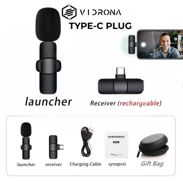 VIDRONA Mic Wireless Clip On Microphone Lavalier HP Plug Play Mic Konten Vlog Video Streaming