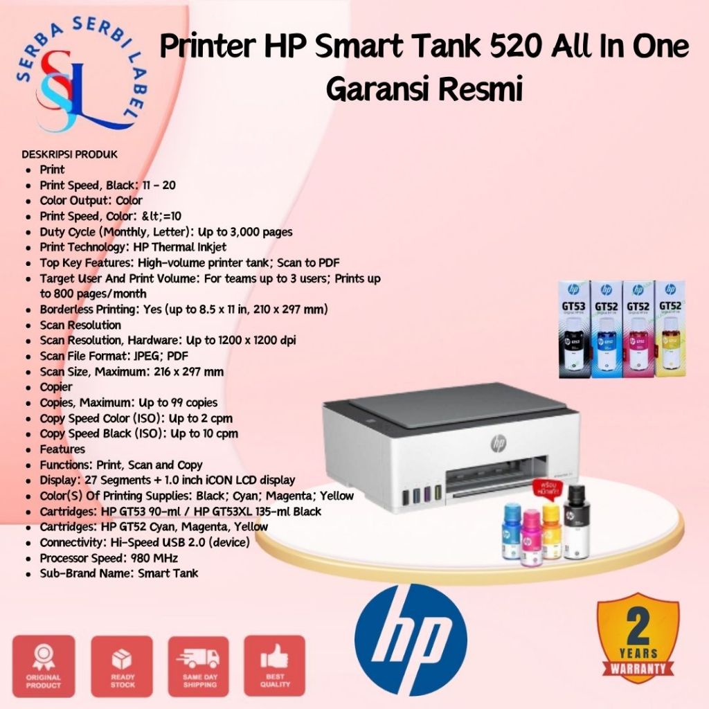 Jual Printer HP 520 Smart Tank All In One Print Scan Copy Garansi Resmi ...