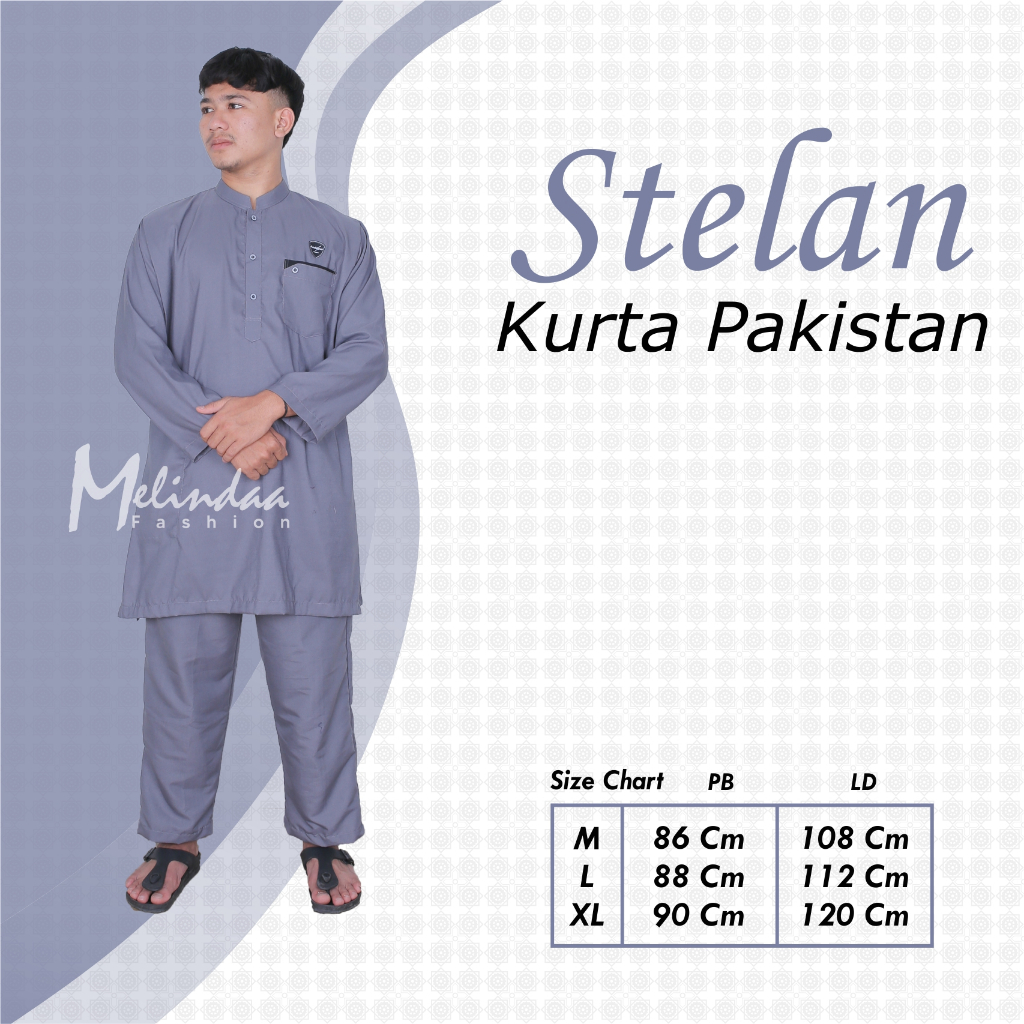 Baju Koko Stelan Kurta Pakistan Pria Dewasa & Remaja - Oneset Baju Koko Muslim Lengan Panjang Kancing Strip dan Saku