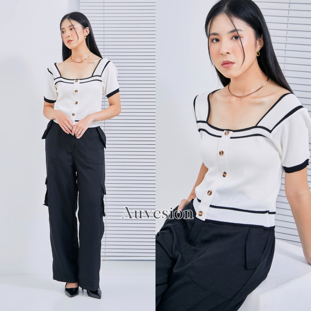Jual AUVESION Sresya Square Neck Button Knit Crop Top Blouse 6154 ...