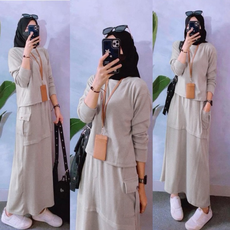 Jual Setelan Rok Cargo Wanita Polos Naura Jumbo Set | Setelan Wanita ...