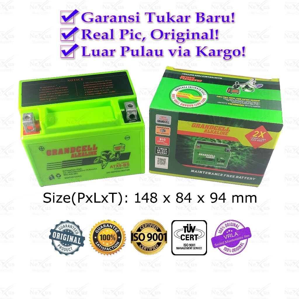 Jual Aki Motor Grandcell Alkaline ATX9-BS YTX7A GTZ8V YTZ8V YTX9