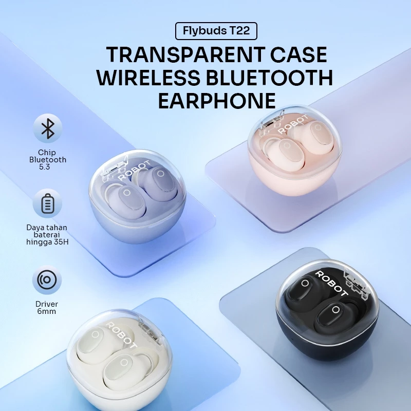 ROBOT TWS Wireless Earbuds Bluetooth 5.3 Mini Transparant Earphone Wireless Flybuds T22 Original - Garansi 1 Tahun