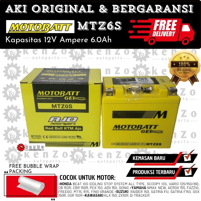 [Original Motobatt] Aki Motor Honda Beat Iss Scoopy Vario 125 150 160 All Type Cb 150r Cbr 150 Mtz6s Bergaransi