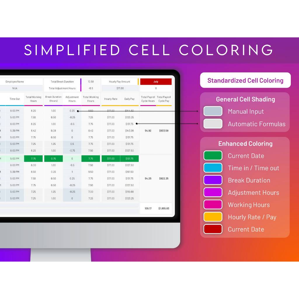 Jual Payroll Timesheet Excel & Google Sheets | Employee Time Tracker ...