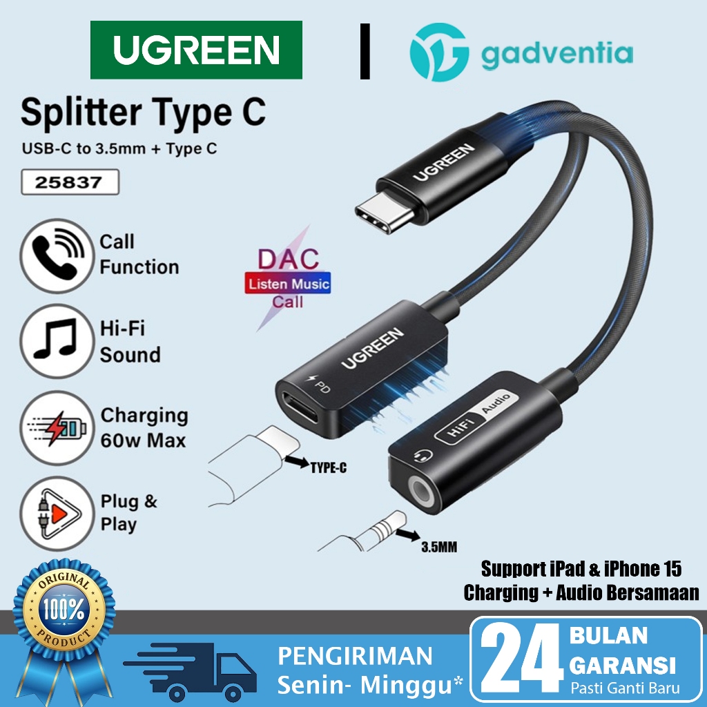 UGREEN Magnetic Splitter Type C to Jack Audio Adapter 2-in-1 Hi-Res with  Charging PD 60W iPhone 15 16 Pro Max