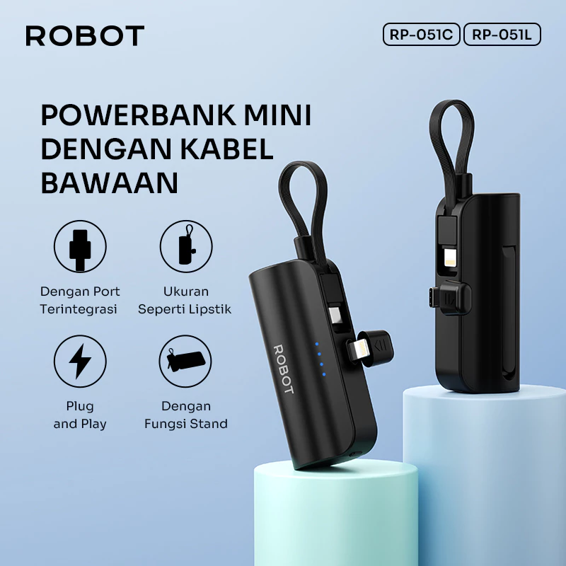 ROBOT Powerbank Mini Fast Charging 4500mAh With Port and Cable Type C Lightning Stand Function Power bank Travel Size RP-051C