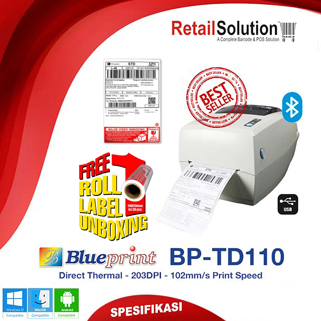 Jual Printer Barcode Label Thermal Usb Bluetooth Blueprint Td110 Td 110 Shopee Indonesia 5051