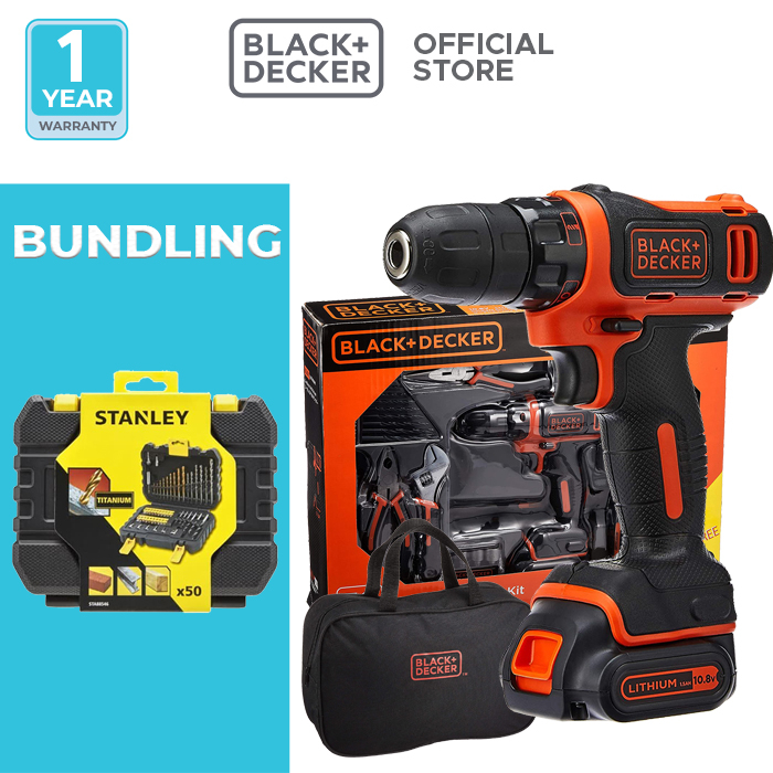 Black+Decker Cordless Drill Driver Kit Tool Bag Bor Obeng Baterai Set  Tas Alat BDCDD12PJ-B1