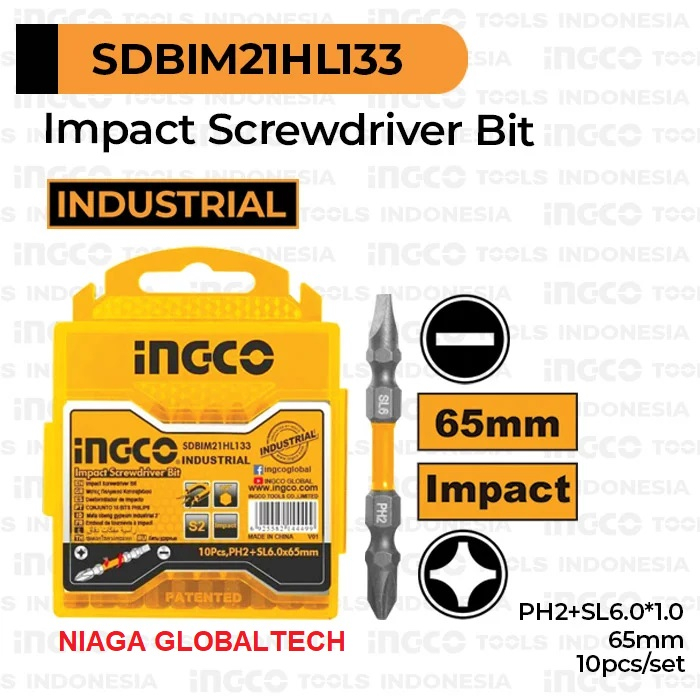 Jual INGCO MATA OBENG IMPACT PH2+SL6 0X65MM IMPACT SCREWDRIVER BIT 1 ...