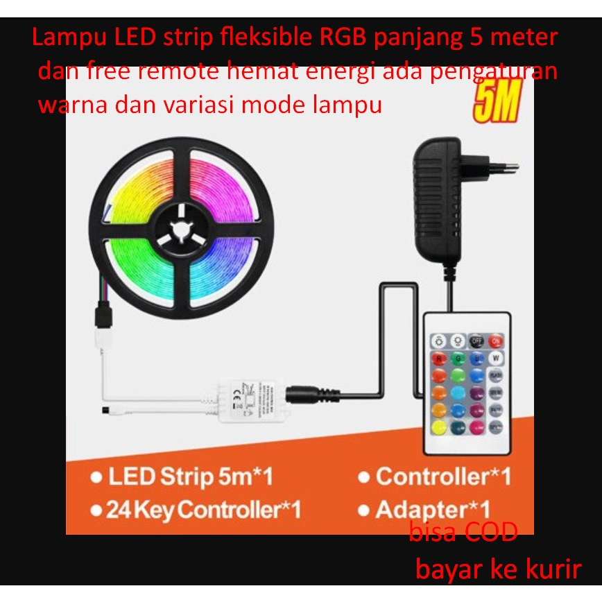 Jual Lampu LED strip fleksible RGB panjang 5 meter dan free remote