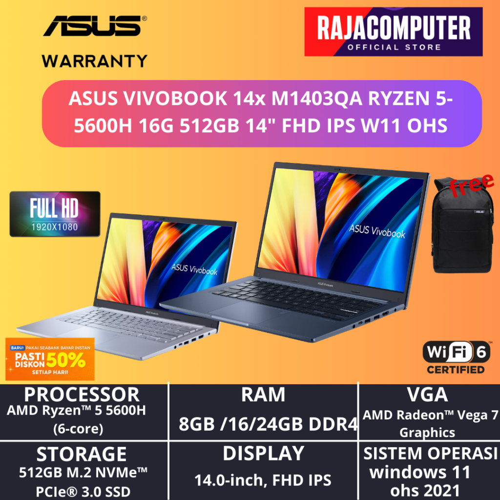 Jual Asus Vivobook 14x M1403qa Vips551 Ryzen 5 5600h 16gb 512ssd Vega7 W11ohs 140wuxga Ips