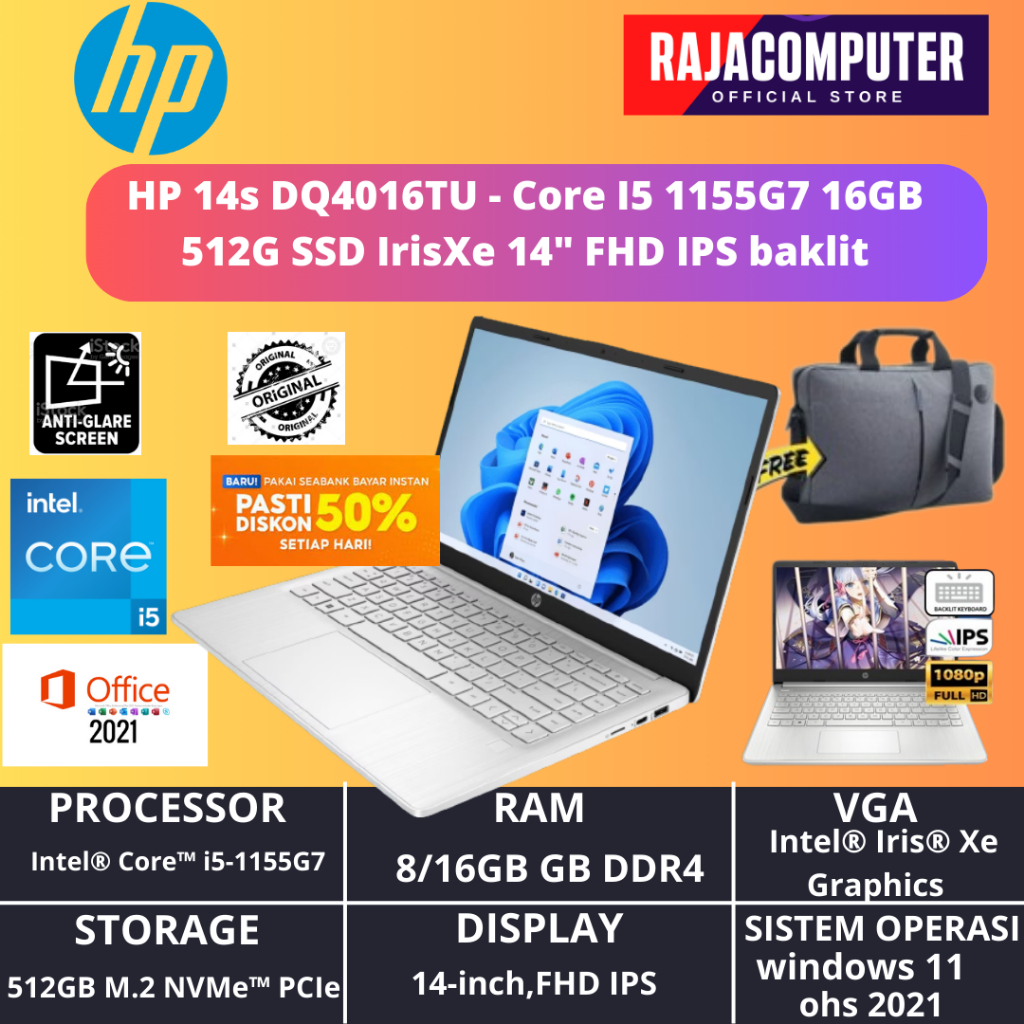 Jual Laptop Hp 14s Dq4016tu I5 1155g7 8gb 512ssd Irisxe W11ohs 14 Fhd Ips Silver Baklit 1928