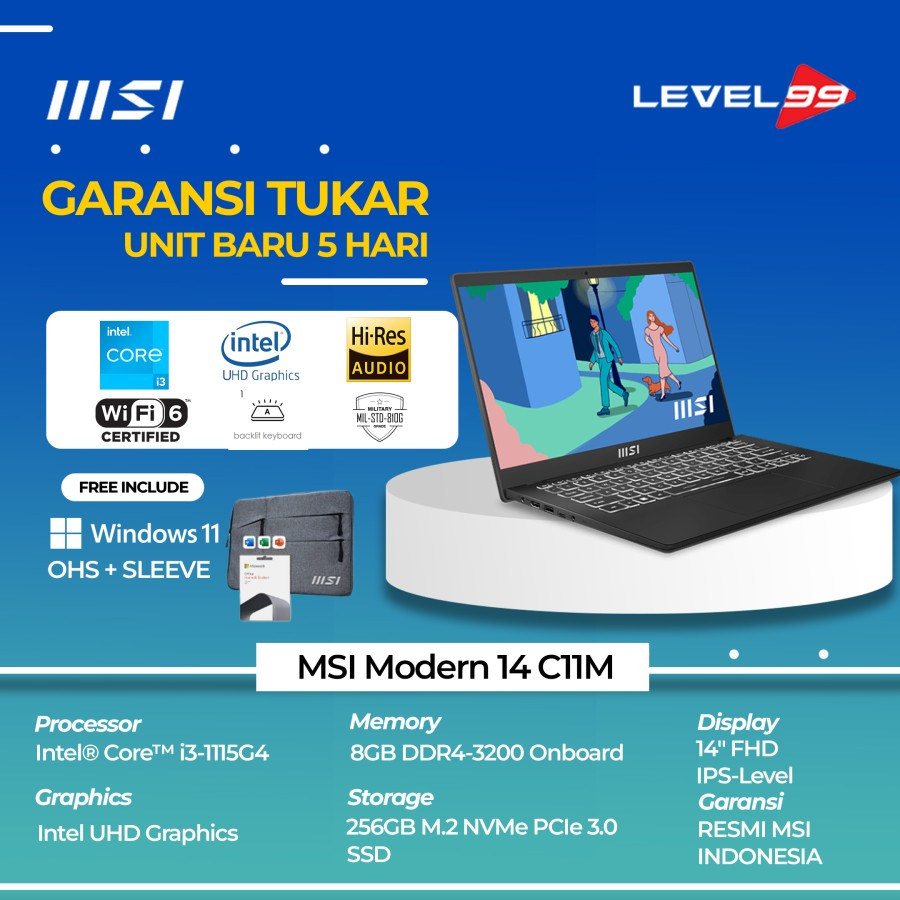 MSI Modern 14 B11MOL-433XIT Notebook 14'' FHD - Intel I3-1115G4, 8GB RAM, 256GB SSD, WiFi 6, Alluminio, Layout ITA