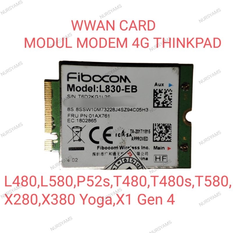 Jual Modul Modem Fibocom L830 Eb Wwan Card Laptop Thinkpad X380 Yogat480x280t580l480p52s 8684