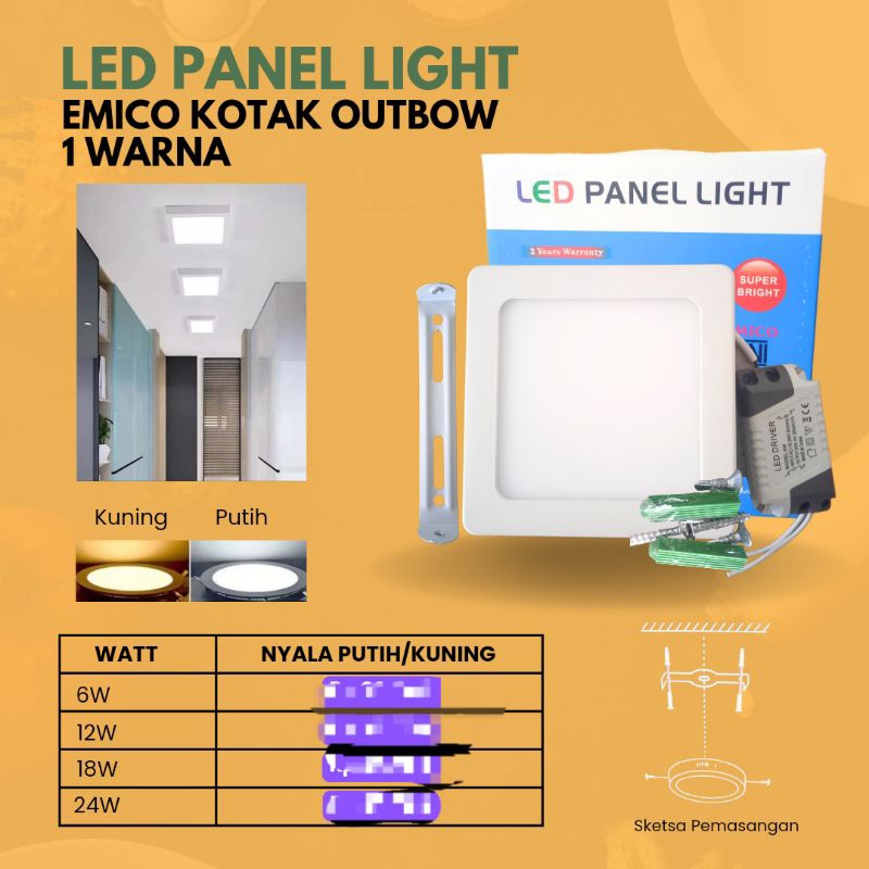 Jual Lampu Led Panel Light Emico Kotak Outbow Nyala Putih Kuning