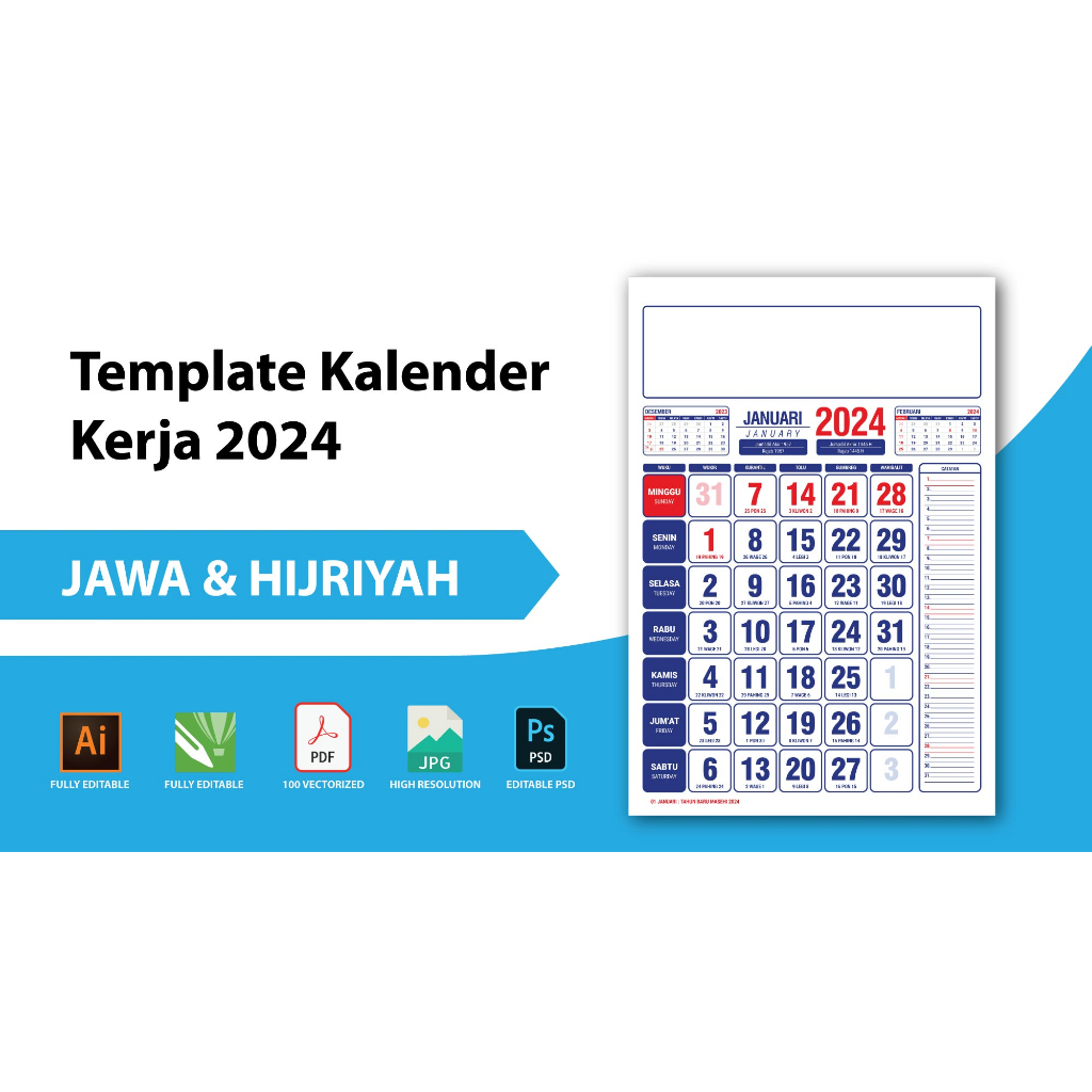 Jual Template Kalender Kerja 2024 Hijriyah And Jawa 100 Vektor Editable