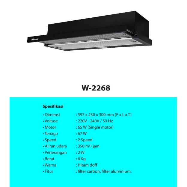Jual Winn Gas Cooker Hood Range Hood Exhaust Dapur Penyedot/penghisap Asap Dapur W2268 Garansi