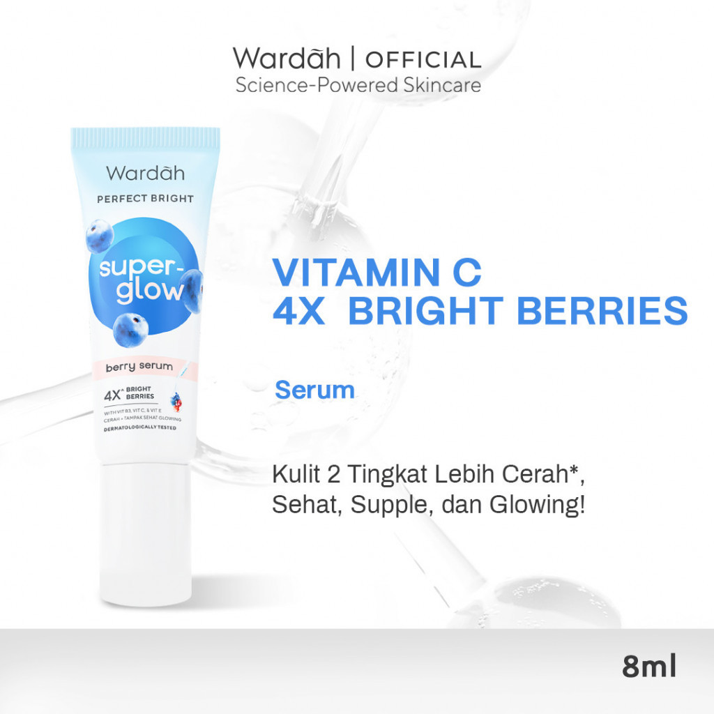Wardah 4X Vitamin B3 with Hyaluronic Acid Perfect Bright Super-Glow Berry Serum 8 ml - Serum Mencerahkan, Menutrisi Kulit, Meratakan Warna Kulit Kusam, Menyamarkan Bekas Jerawat - Kulit Cerah, Tampak Sehat, Supple, Glowing