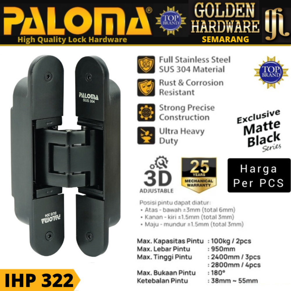 Jual PALOMA IHP 322 ENGSEL TANAM PINTU CONCEALED INVISIBLE HINGE D100 ...