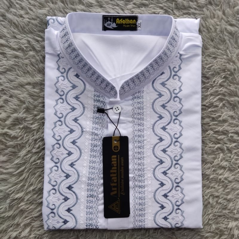 Baju Koko Putih Lengan Panjang Dewasa  / Baju Muslim Pria Dewasa Motif Bordir Terbaru Arfathan ARF301