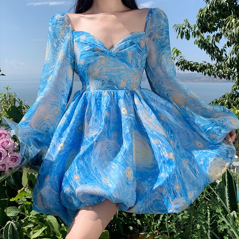 blue van gogh dress SHEIN MOD Blue Van Gogh Blue Oil Painting Print Dress & Top Two-Piece Set