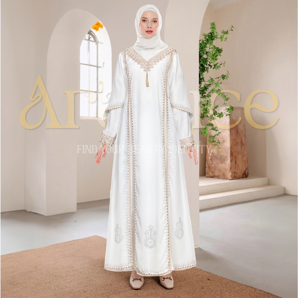 Jual ARALLUCE • Baju gamis putih wanita kekinian ARL 019 - Dress abaya