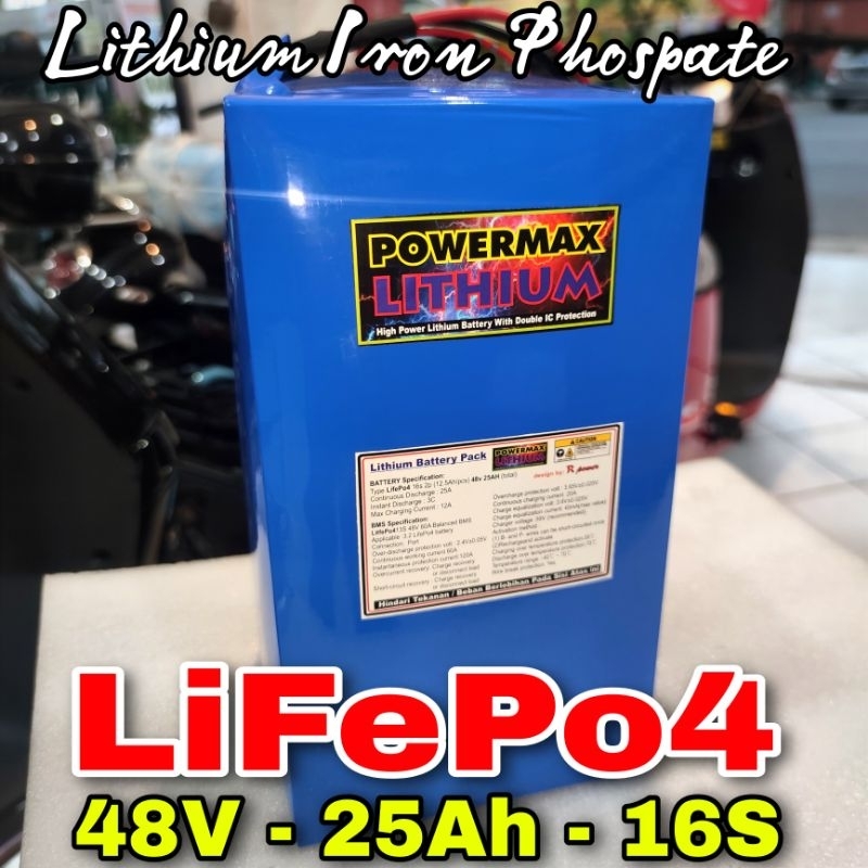 Jual BATERAI LIFEPO4 POWERMAX 48V 25Ah dengan BMS Pengganti Aki Molis