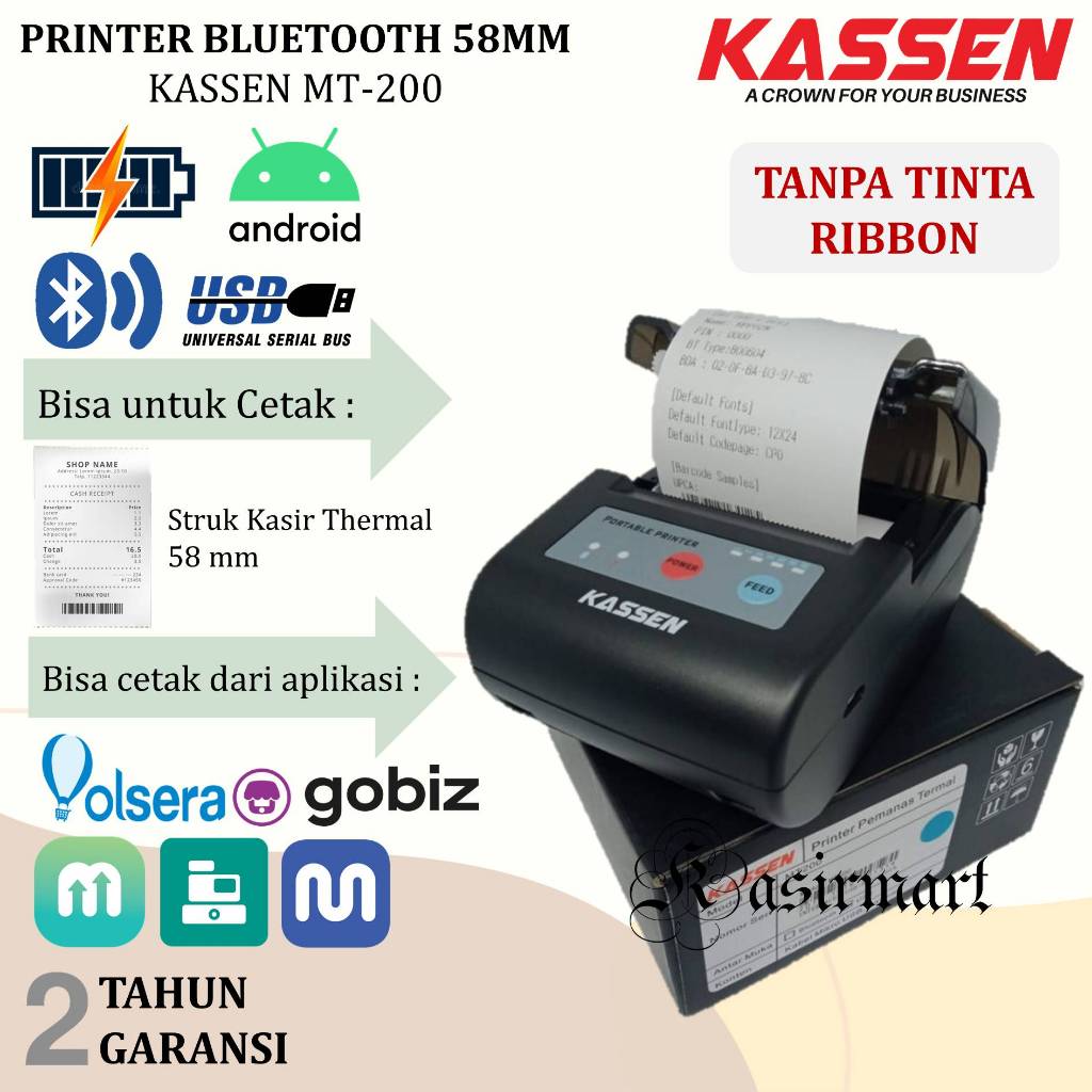 Jual Kassen Mt200 Mobile Printer Thermal Bluetooth 58mm Portable Mt 200 Mt 200 Rpp02n Cetak 4597