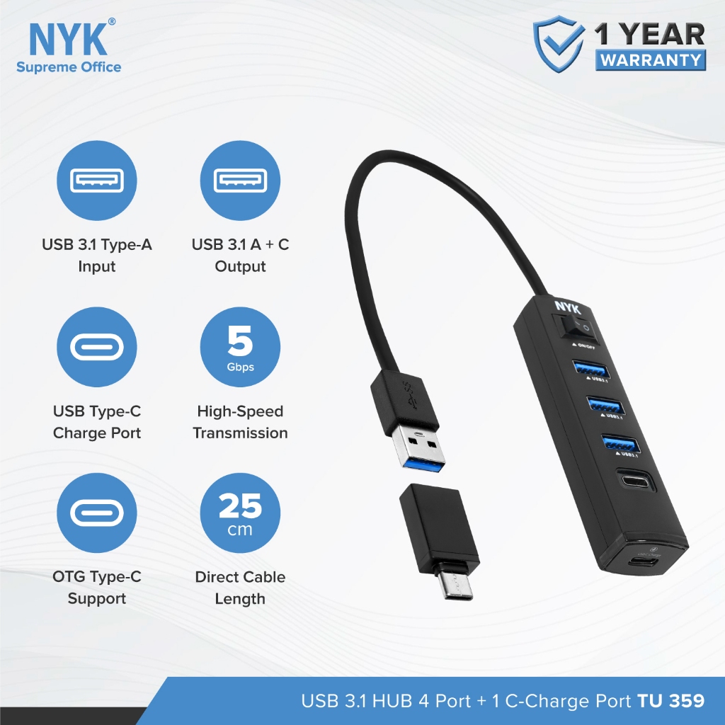 NYK USB Hub 5 Port Charge C 3.1 + OTG Type C Black COD HUB bergaransi Docking Station Data transfer Mobile phone macbook android iphone ipad tab MHL