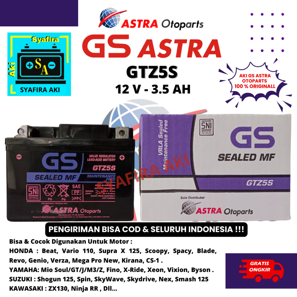 Aki Motor GS ASTRA GTZ5S HONDA Beat Scoopy Vario 110 Revo Spacy Blade Kharisma Supra X 125 New Megapro