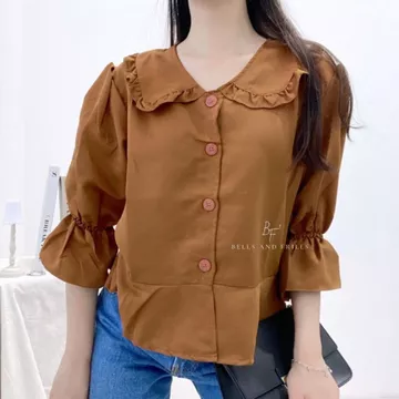 NA BI Top Korean Collar Blouse Puffy Sleeves Button Shirt Ruffle Blouse Balon Puff Sleeve 0288