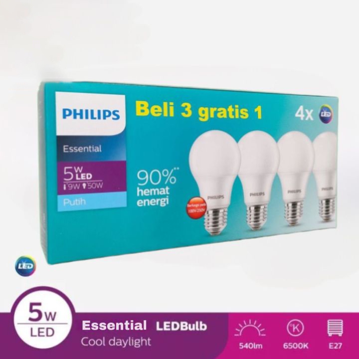 Jual Paket Philips LED Essential 5 Watt ( Beli 3 Gratis 1 ) - Isi 4 Pcs ...