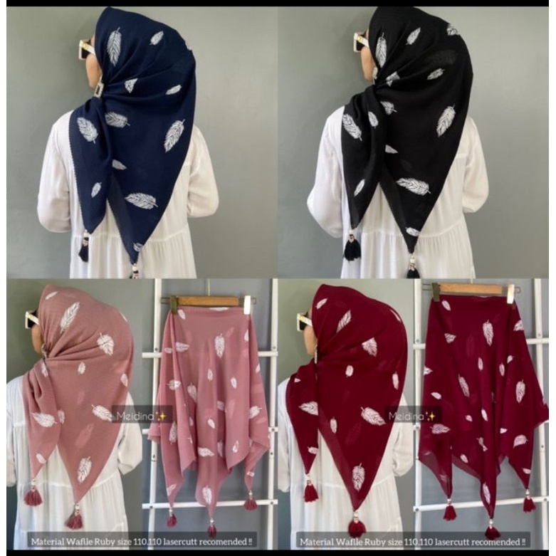 jilbab segiempat jambul pompom motif daun / jilbab segiempat motif daun terlaris