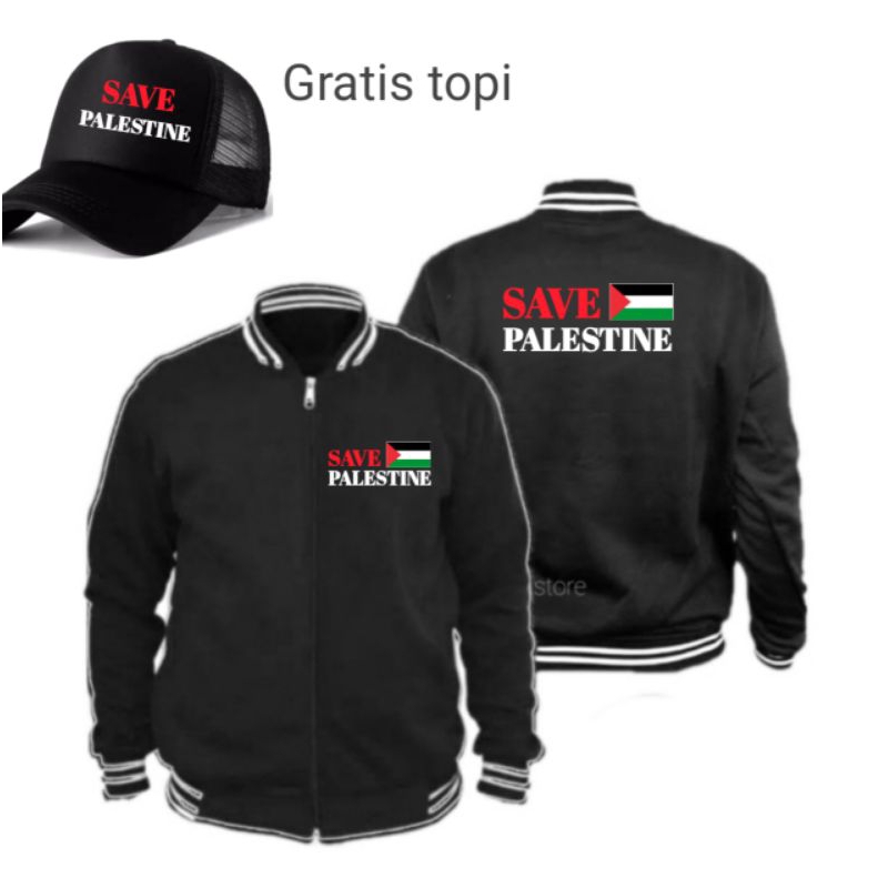 Jual jaket varsity save Palestine bahan cotton fleece tebal gratis topi