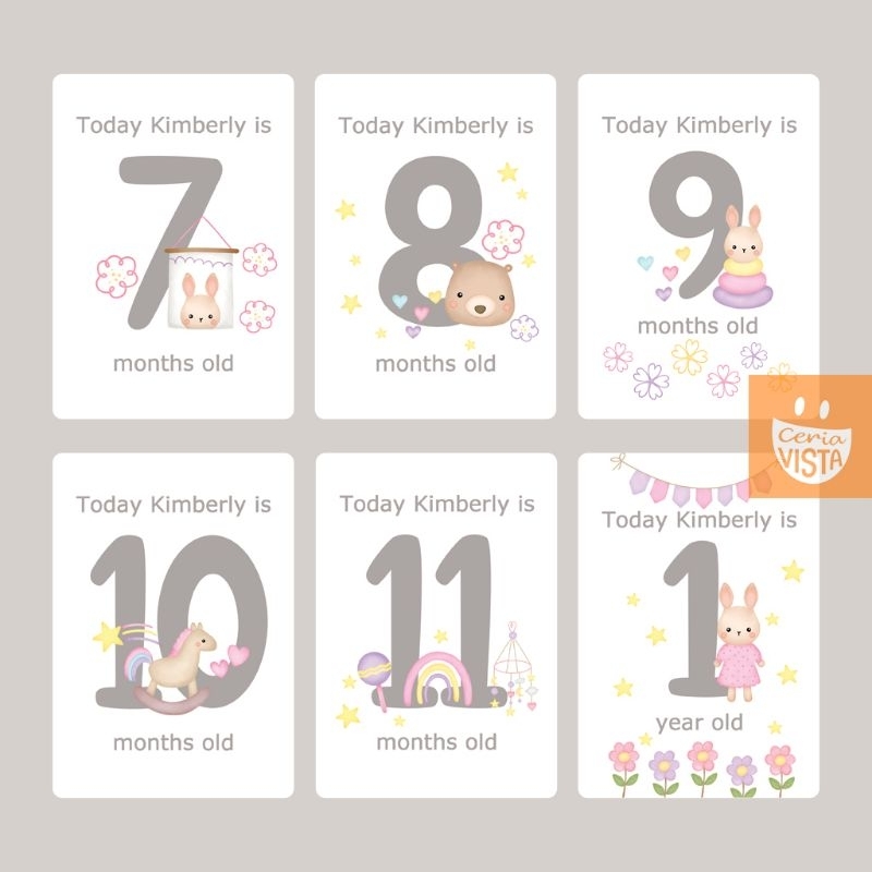 Jual Baby Milestone Card Watercolor Cute Bunny Rabbit Bear Rainbow ...