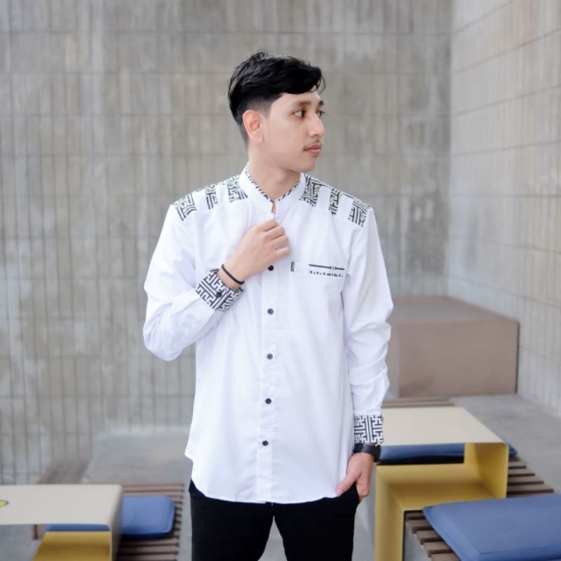 Baju Koko Pria Lengan Panjang Warna Putih Baju Koko El Rumi Terbaru Koko Kombinasi Batik