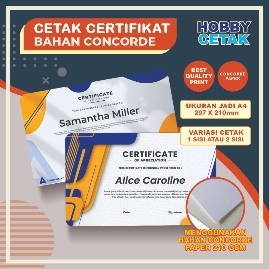 Jual Cetak Sertifikat Ukuran A4 Bahan Kartas Concorde Custom Desain