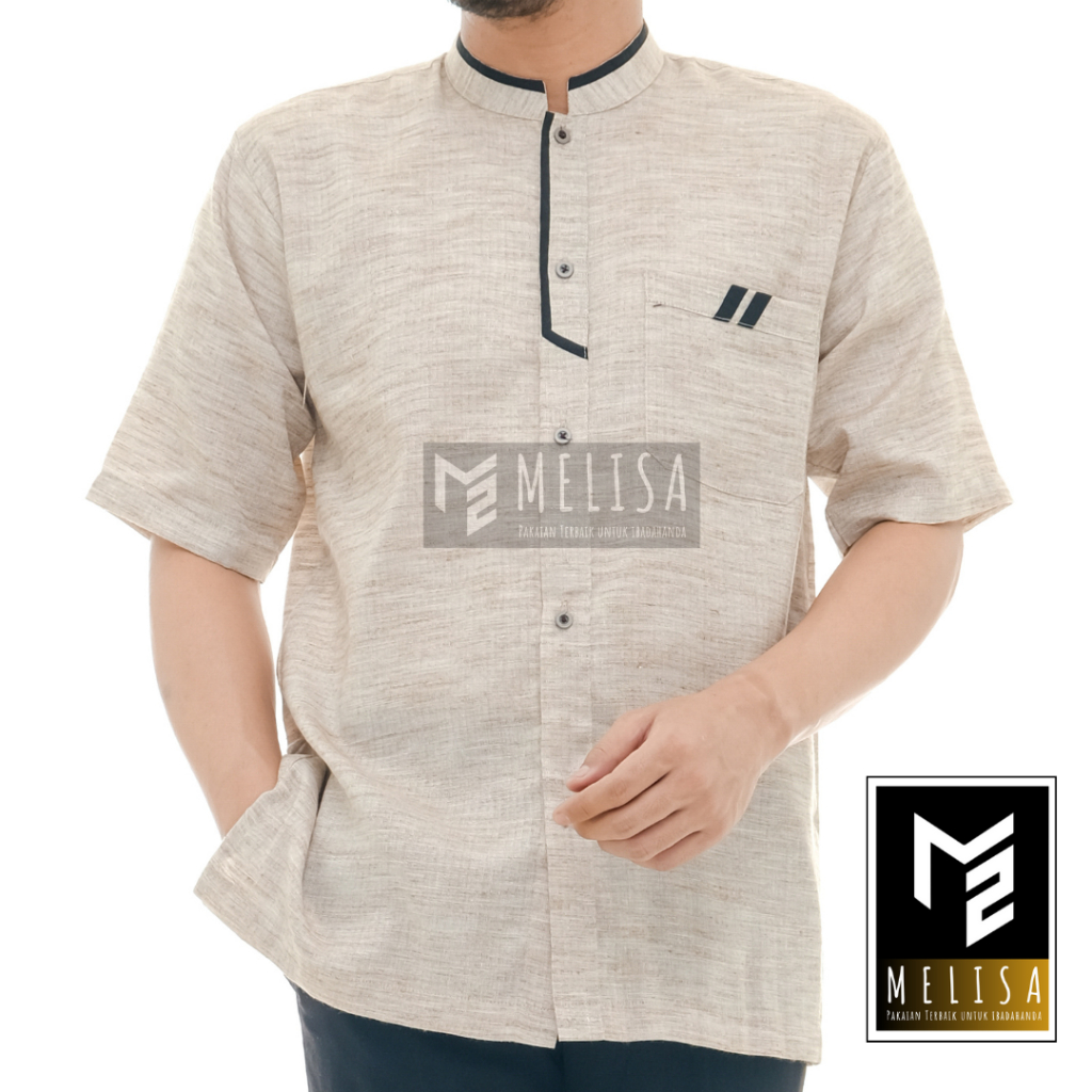 Baju Koko Pria Kemko Lengan Pendek Bahan Poli Katun Motip Simpel Dan Elegan Size M L XL Baju Muslim Polos Lis Hitam