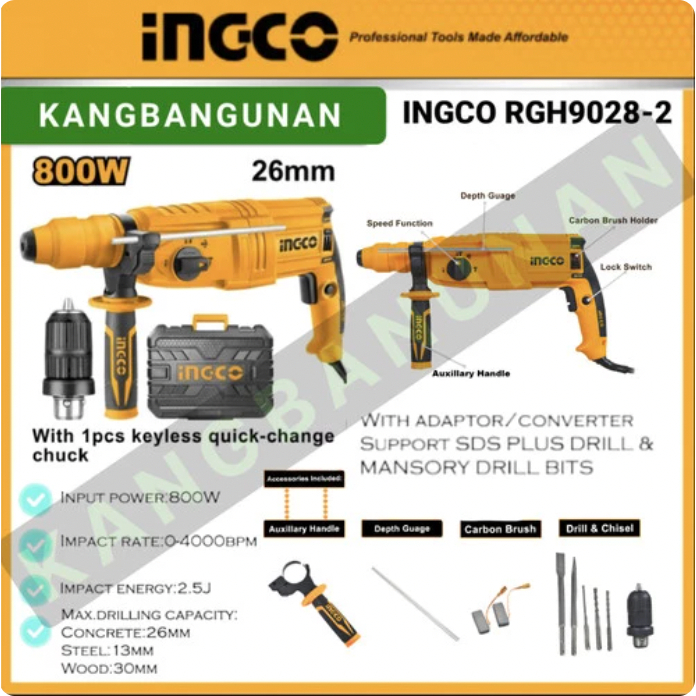 Jual MESIN BOR ROTARY HAMMER 26MM 800W + ADAPTOR RGH9028-2 INGCO ...