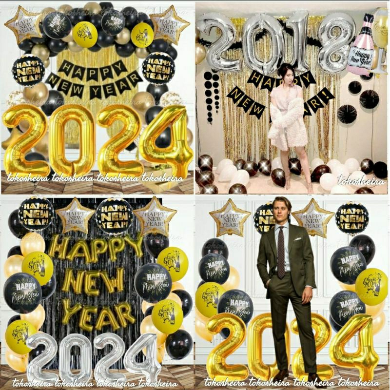 Jual Paket Dekorasi Balon Happy New Year 2024 Balon Angka 100cm Banner ...