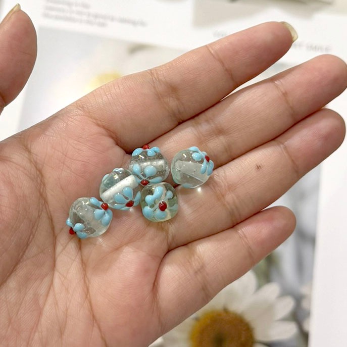 Jual 5 pcs Manik Kaca BULAT Genuine Glass Beads Transparent 3D Bunga