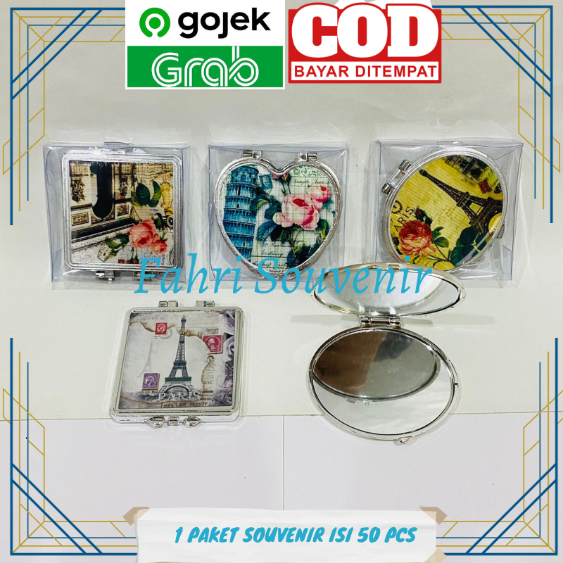 Jual Souvenir Pernikahan Cermin Kaca Motif Paris Kemasan Mika Isi