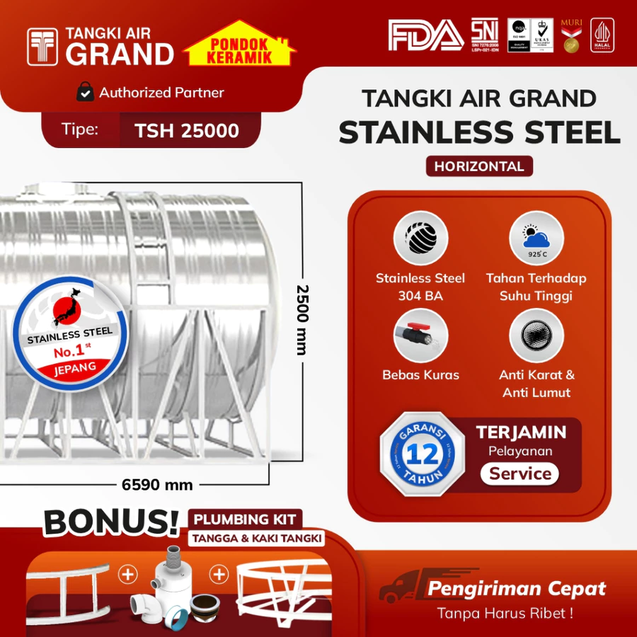 Toren Tangki Air Tandon Stainless Horizontal Tedmond Grand TSH 25000 Anti Lumut & Sertifikasi Halal Pertama di Indonesia Garansi 12 Tahun