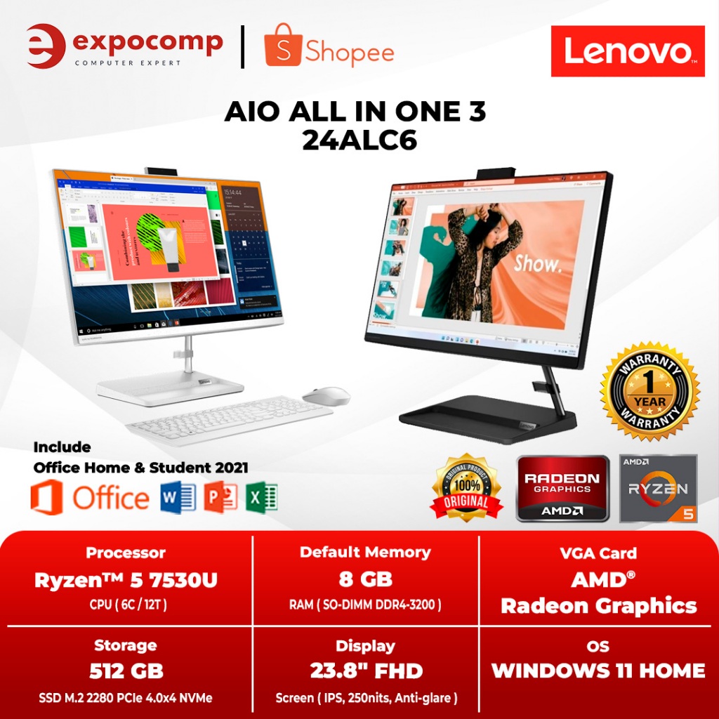 Jual LENOVO AIO ALL IN ONE 3 24ALC6 AMD RYZEN 5-7530U 8GB 512GB W11+OHS ...