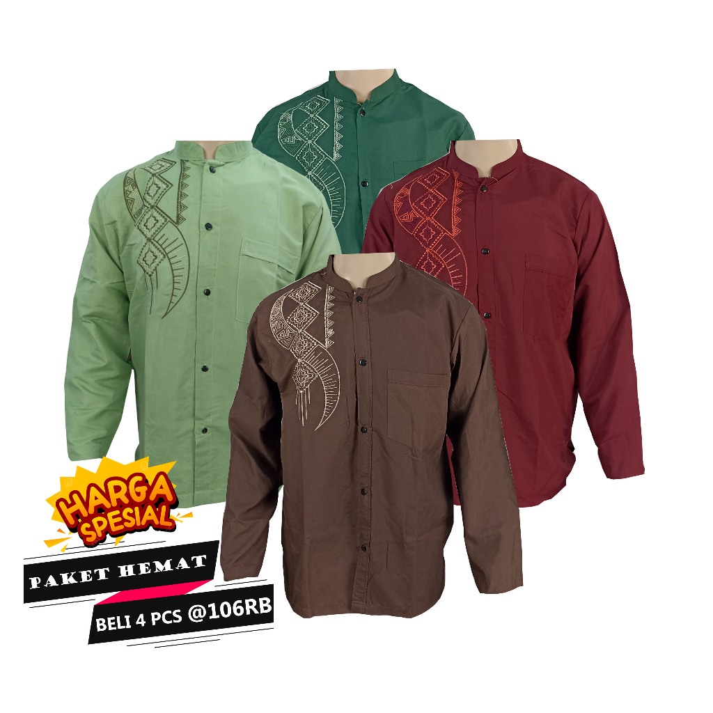 [Paket Hemat 4 Pcs 106Rb] Baju Koko Pria Dewasa Bordir Azzam Lengan Panjang Seri Warna Bahan Katun Premium Motif Muslim