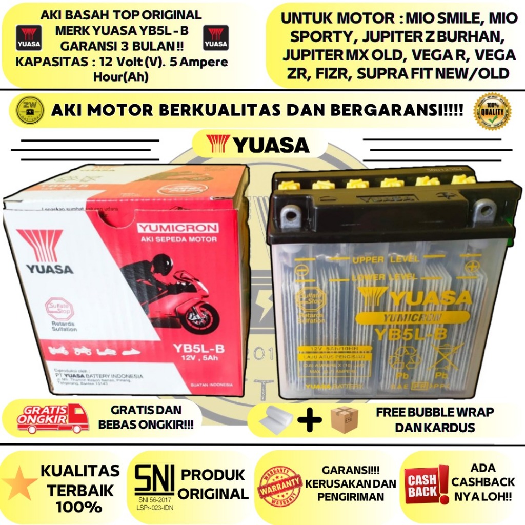 Jual AKI MOTOR MIO SPORTY, MIO SMILE, VEGA ZR, JUPITER Z BURHAN YB5L-B