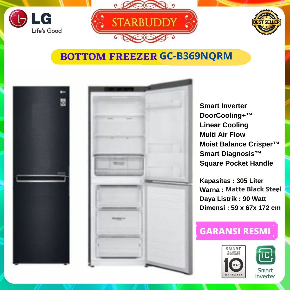 Jual KULKAS LG GCB369NQRM BOTTOM FREEZER, DOOR COOLING, SMART INVERTER